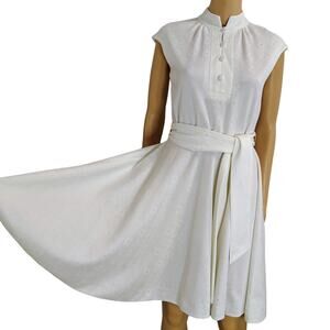 1970s Bleeker Street White Fit Flare Belted  Short Polyester Dress Size Small
